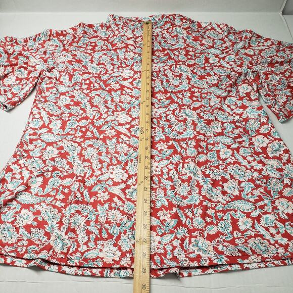 Hocosit Tunic Top Womens 2XL Red Floral Pleated Flutter Sleeve Bohemian Casual - Picture 7 of 15